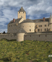 Im Zuge von Erweiterungsmaßnahmen in der Oberburg durch die Pfalzgrafen von Zweibrücken im 15. Jahrhundert wurden die beiden errichteten Palasbauten mit einer neuen, nördlich davon angelegten, Zwingeranlage und mit drei runden Türmen verstärkt. Der mittlere Rundturm, in der Bildmitte unten zu sehen, wurde vor das Nordrondell gesetzt, welches dadurch seinen Wehrcharakter verlor und fortan als "Rossmühle" genutzt wurde. Zwei Palasbauten für den herzoglichen Hofstaat auf Lichtenberg