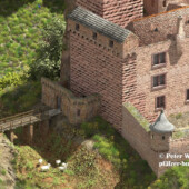 Im frühen 15. Jahrhundert (5. Bauphase) wurde Burg Frankenstein wehrtechnisch ertüchtigt. Es entstanden ein der Unterburg (Schauseite) vorgelagerter langgestreckter Zwinger und ein der Schildmauer vorangesetzter neuer Torzwinger. Dieser wird im Schrifttum häufig als „polygonale Befestigung“ angesprochen. Erst bei Ausgrabungen 1988/89 wurden die Reste einer Schildmauer des 12. Jhs. zu Tage befördert. Ihre Mauerstärke im ausgegrabenen Bereich betrug zwischen 2 und 3 Meter. Sie besaß, wie Anbauspuren am Bergfried belegen, eine Höhe von mehr als zehn Meter. Im westlichen Schildmauerabschnitt am Bergfried durchbrach ein etwa 180cm breites Tor die Schildmauer. Ob die Schildmauer einen Wehrgang besaß und mit einem Zinnenkranz abschloss, ist Spekulation ebenso wie ein Ecktürmchen am Knick des Zwingers. Überbrückter Halsgraben und Torzwinger vor Schildmauer Frankenstein
