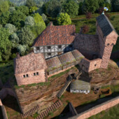 Grafendahn besteht aus einer dicht bebauten Oberburg und einer schmalen Unterburg. Im Westen (Abb. rechts) wurde im frühen 14. Jh nach der Herauslösung der Burg aus dem Dahner Familienverband ein Halsgraben und eine Schildmauer gegen Tanstein angelegt. Grafendahn Schildmauer