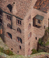 In der Wende vom 13. auf das 14. Jh. wurden die erst 50 Jahre vorher errichteten Wohnbauten der Unterburg um zwei weitere Stockwerke erhöht und ein Kapellentrakt angefügt. Der hier abgebildete Leininger Saalbau erhielt eine großzügige Durchfensterung, die zwei repräsentative Säle im Innern erhellte. Nennenswert ist auch die gewaltige Kaminanlage, die zu den größten in der Pfälzer Burgenlandschaft zählt.. Burg Frankenstein mit Leininger Saalbau und Kapellenbau